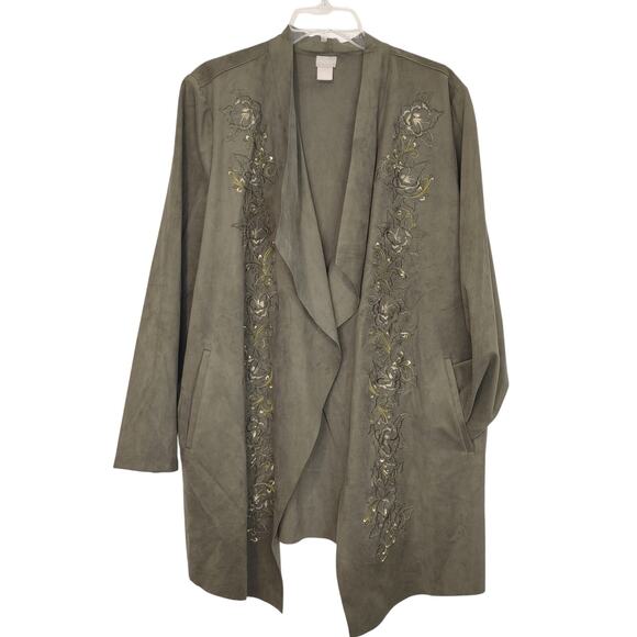 Chicos Draped Jacket Faux Suede Embroidered Floral Sage Green Womens Size 3 - Picture 1 of 4